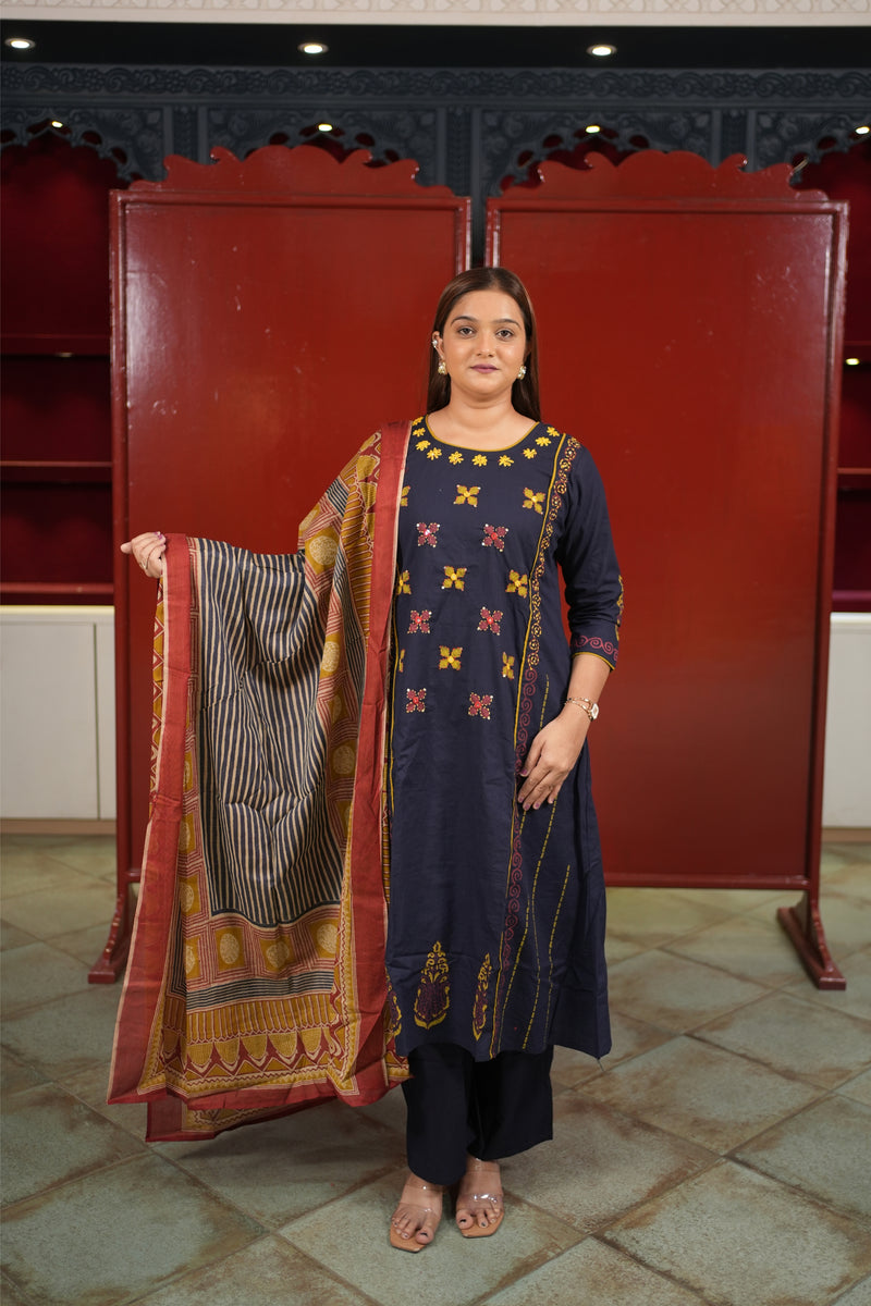 Navy Embroidered Kurti Set