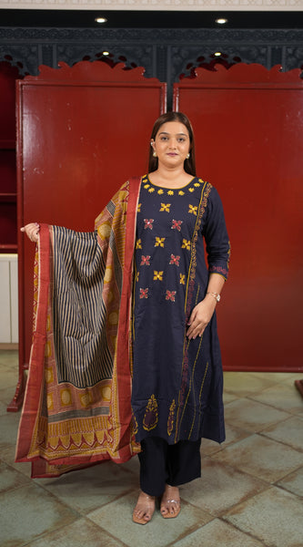 Navy Embroidered Kurti Set