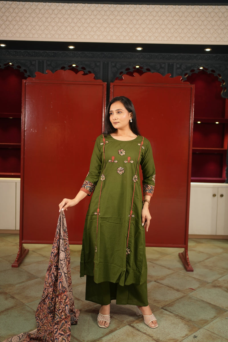 Olive Floral Kurti Set