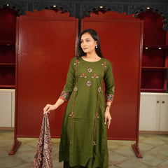 Olive Floral Kurti Set