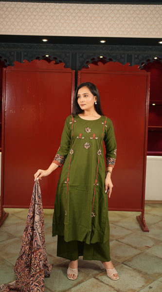 Olive Floral Kurti Set