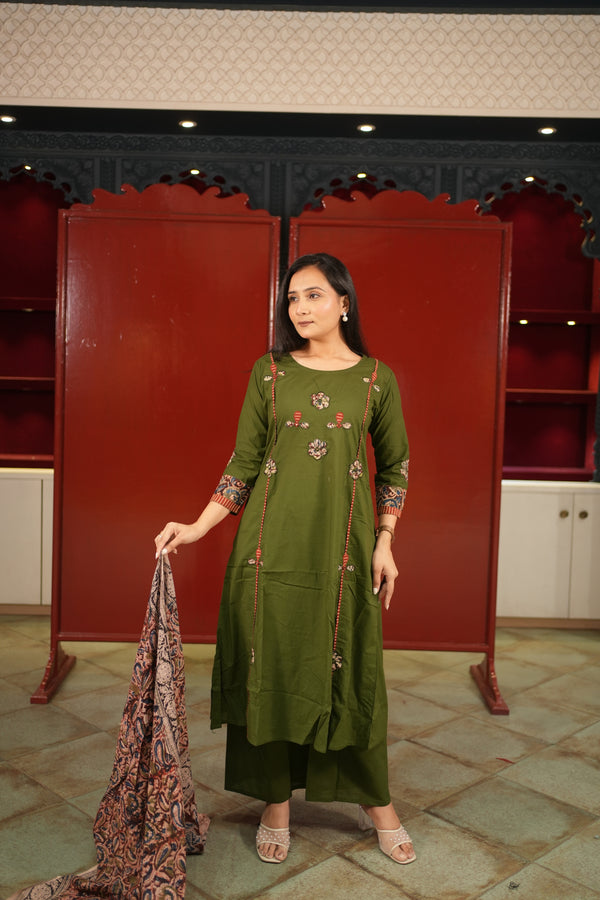 Olive Floral Kurti Set