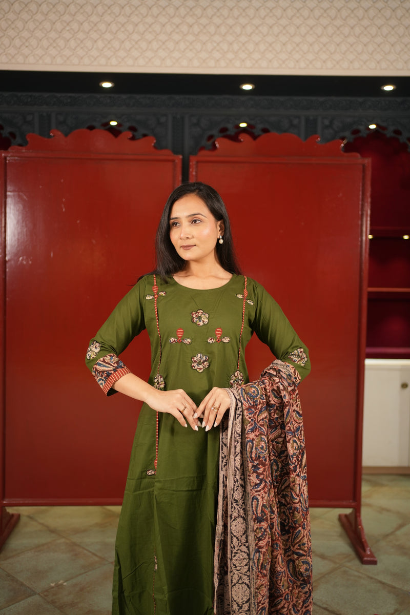 Olive Floral Kurti Set