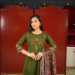 Olive Floral Kurti Set