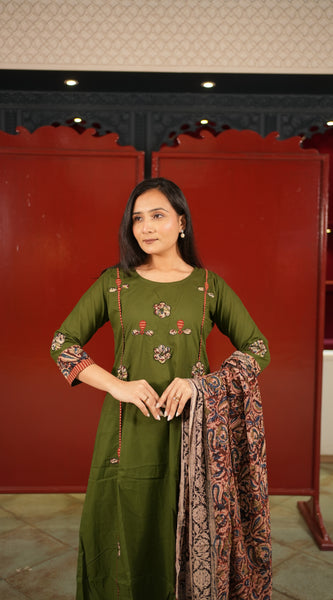 Olive Floral Kurti Set