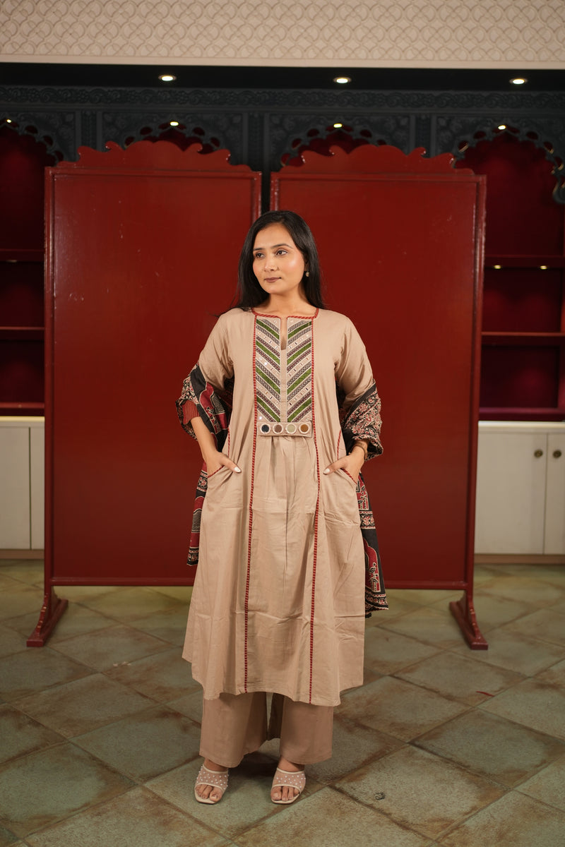 Beige Geometric Kurti Set
