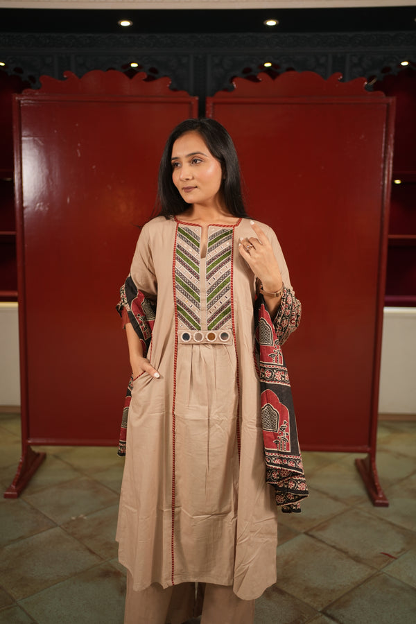 Beige Geometric Kurti Set