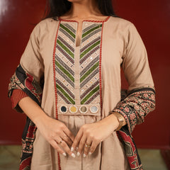 Beige Geometric Kurti Set