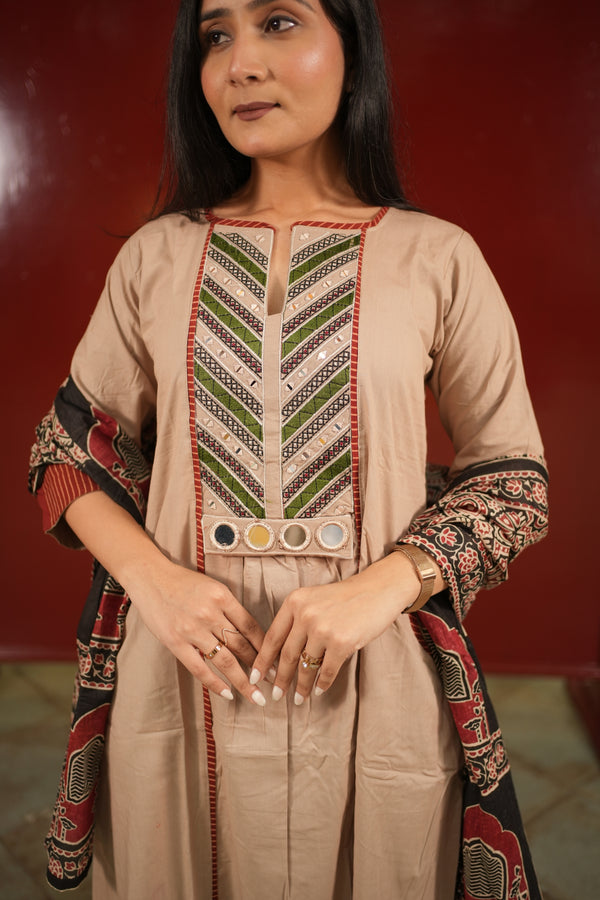 Beige Geometric Kurti Set