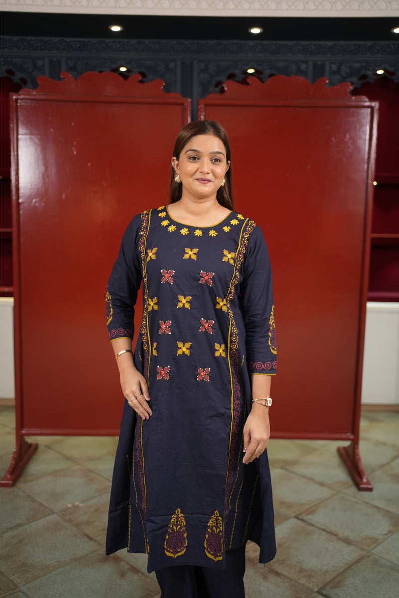 Navy Embroidered Kurti Set