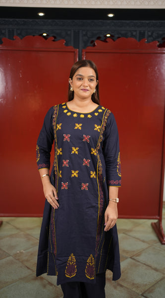 Navy Embroidered Kurti Set