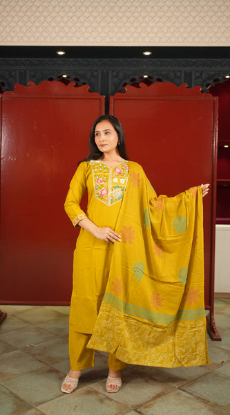 Mustard Embroidered Kurti Set