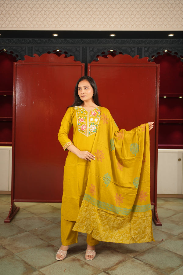 Mustard Embroidered Kurti Set