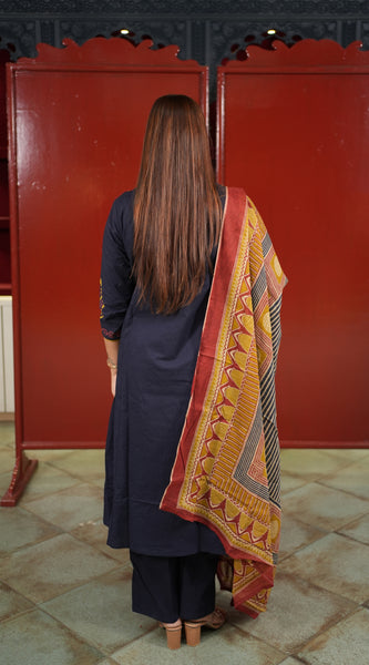 Navy Embroidered Kurti Set