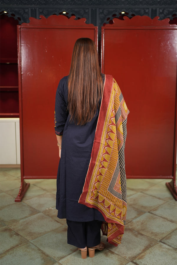 Navy Embroidered Kurti Set
