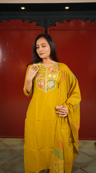 Mustard Embroidered Kurti Set