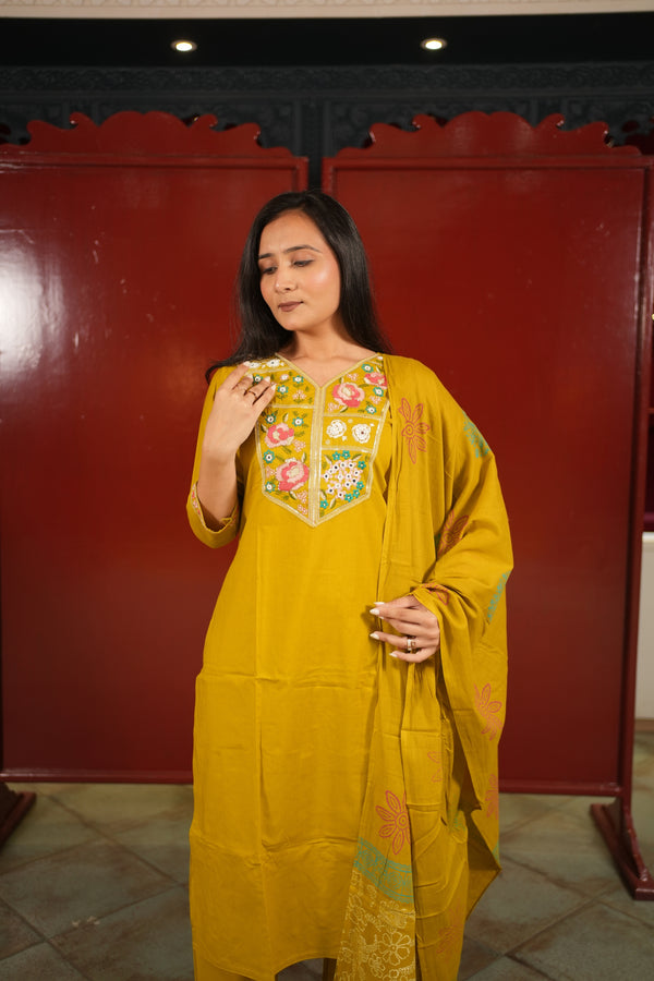 Mustard Embroidered Kurti Set