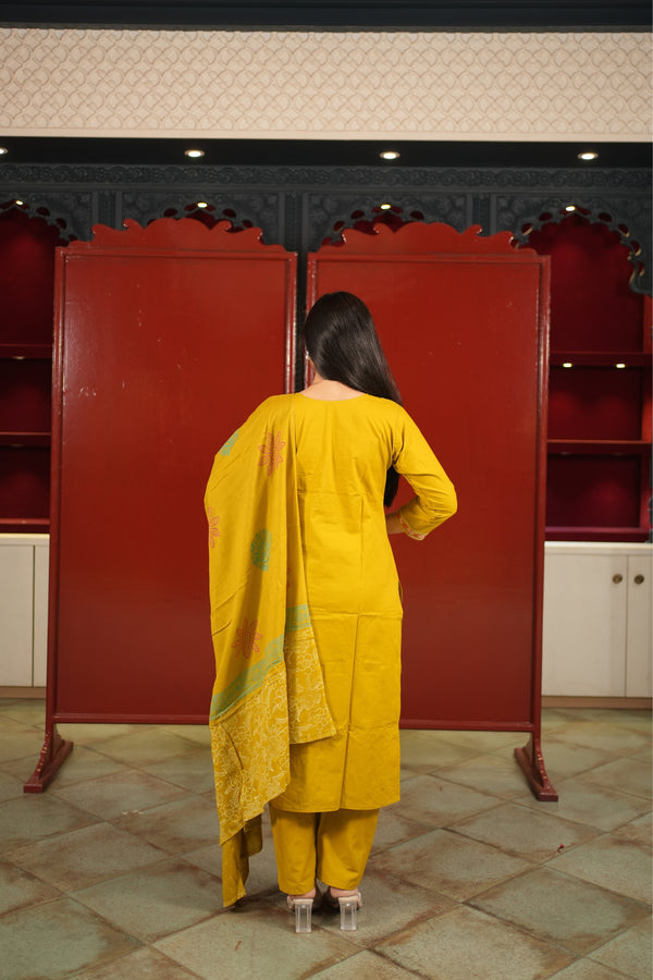 Mustard Embroidered Kurti Set