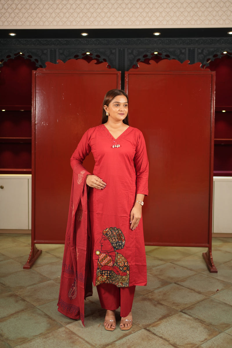 Red Botanical Kurti Set