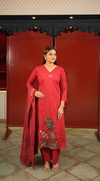 Red Botanical Kurti Set