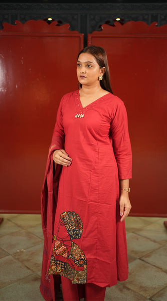 Red Botanical Kurti Set