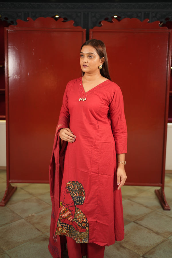 Red Botanical Kurti Set