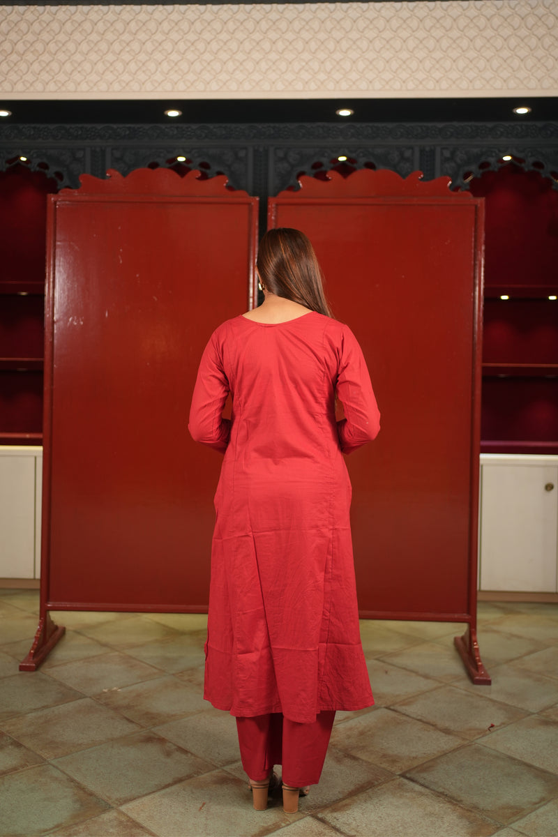 Red Botanical Kurti Set