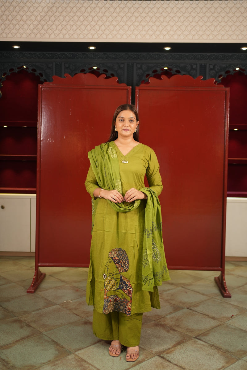 Olive Folk-Print Kurti Set
