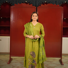 Olive Folk-Print Kurti Set
