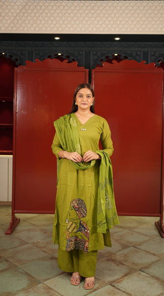 Olive Folk-Print Kurti Set