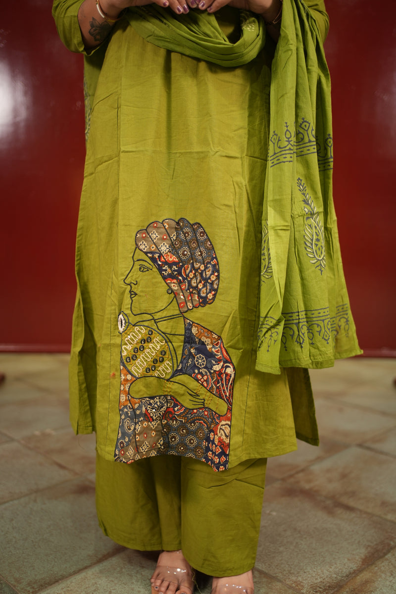 Olive Folk-Print Kurti Set