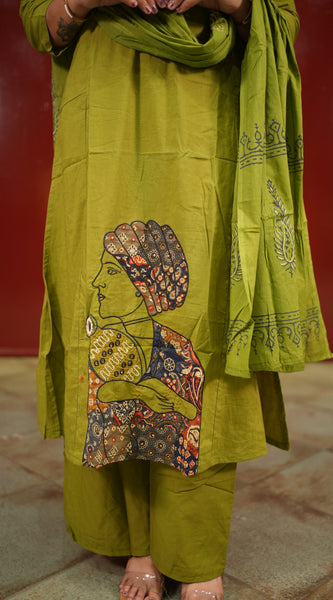 Olive Folk-Print Kurti Set