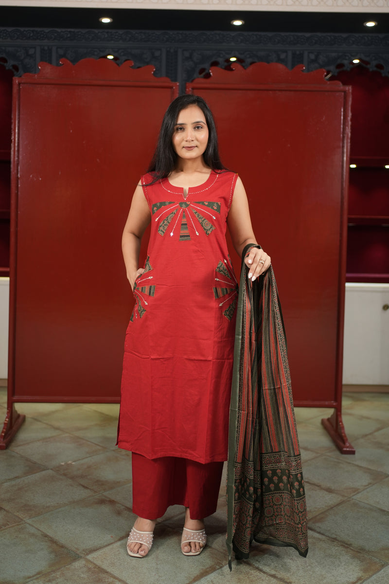 Red Geometric Kurti Set