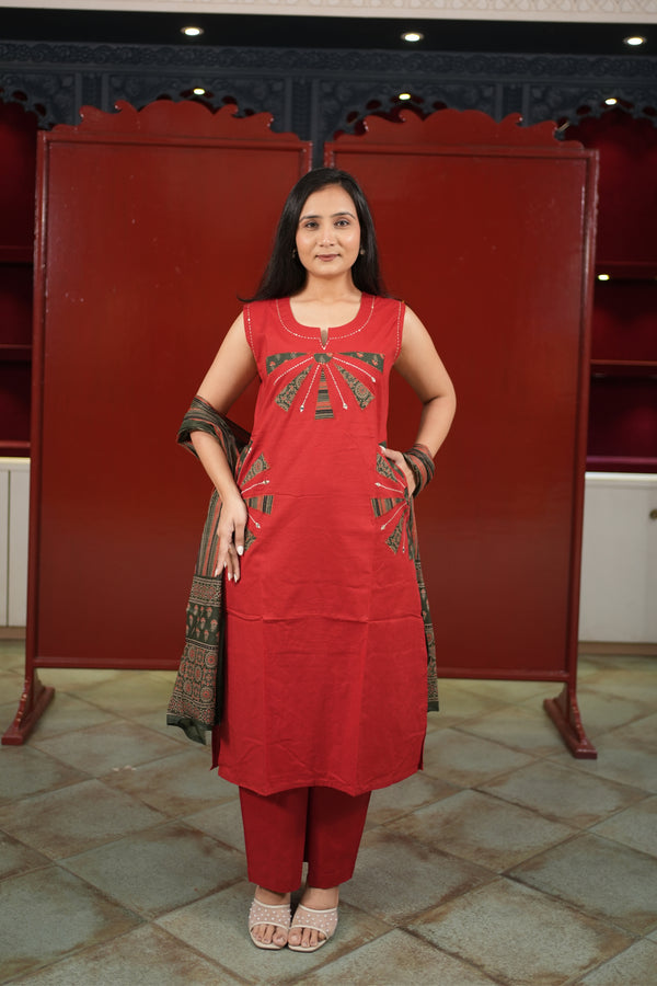 Red Geometric Kurti Set