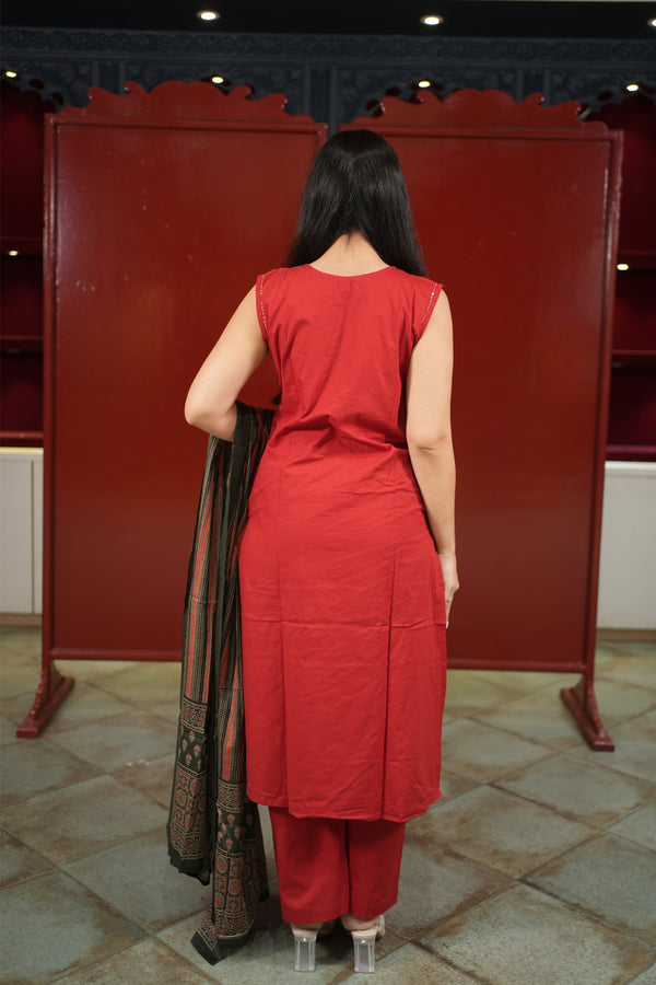 Red Geometric Kurti Set