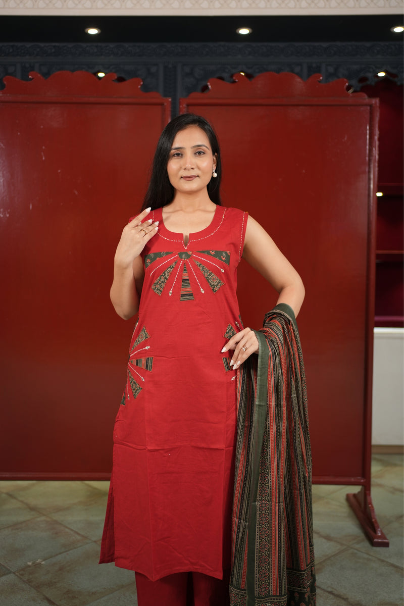 Red Geometric Kurti Set