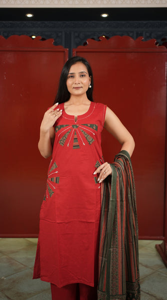 Red Geometric Kurti Set