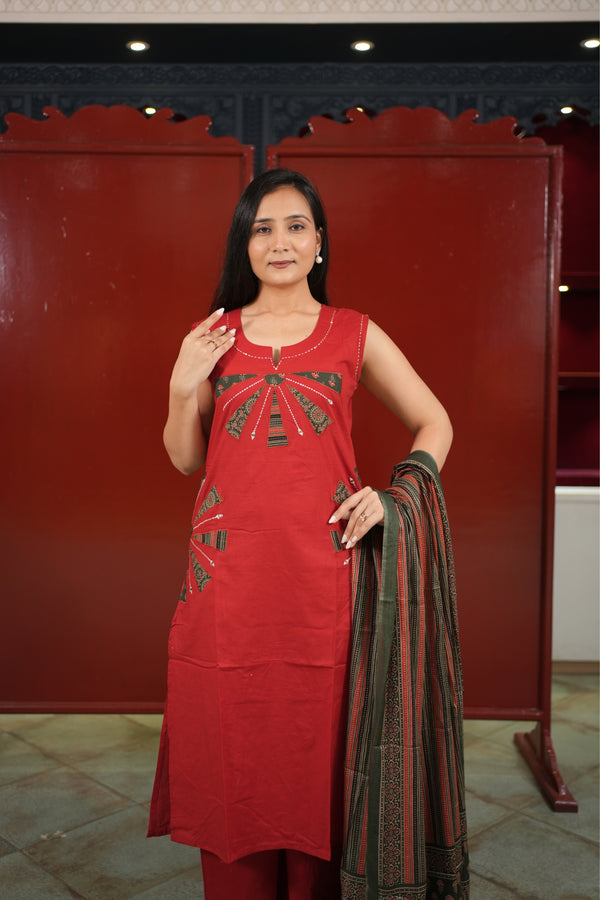 Red Geometric Kurti Set