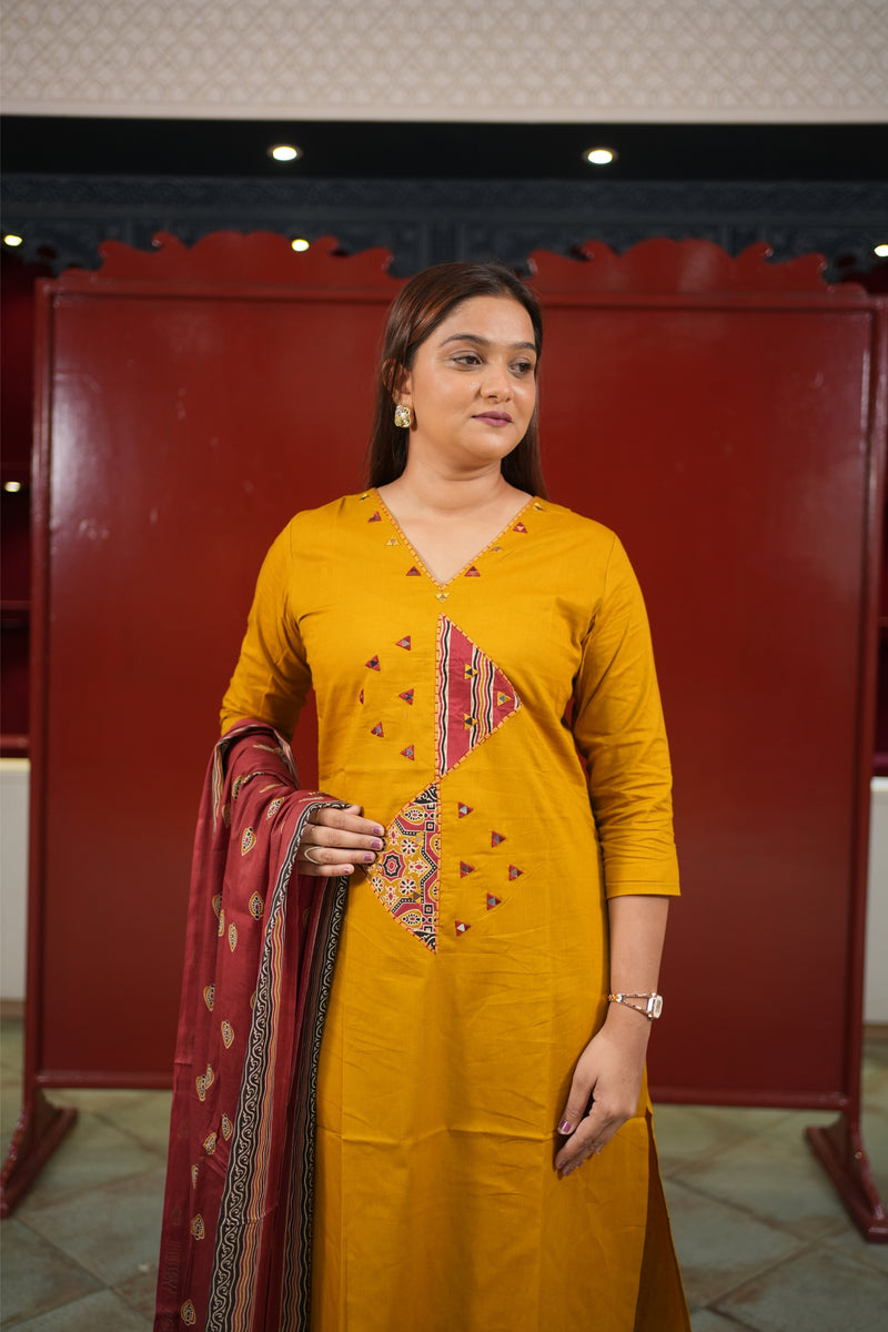 Mustard Geometric Kurti Set