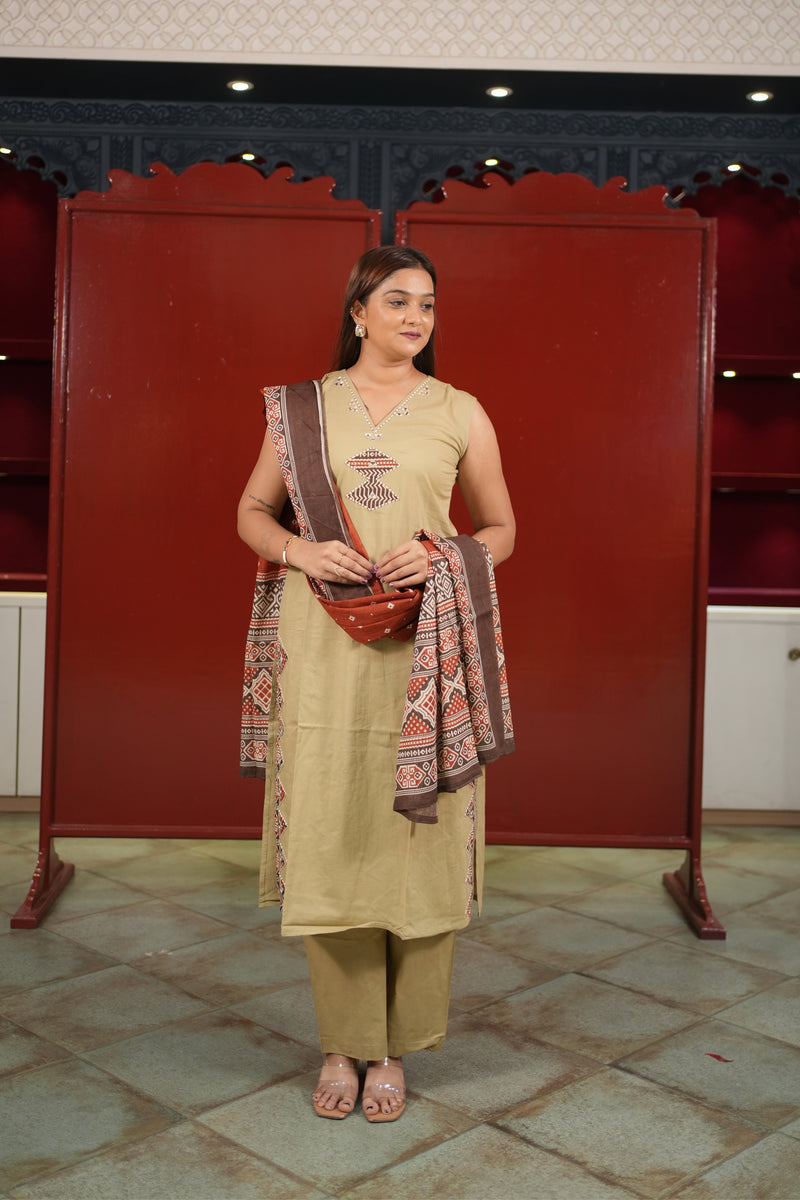 Beige Patchwork Kurti Set