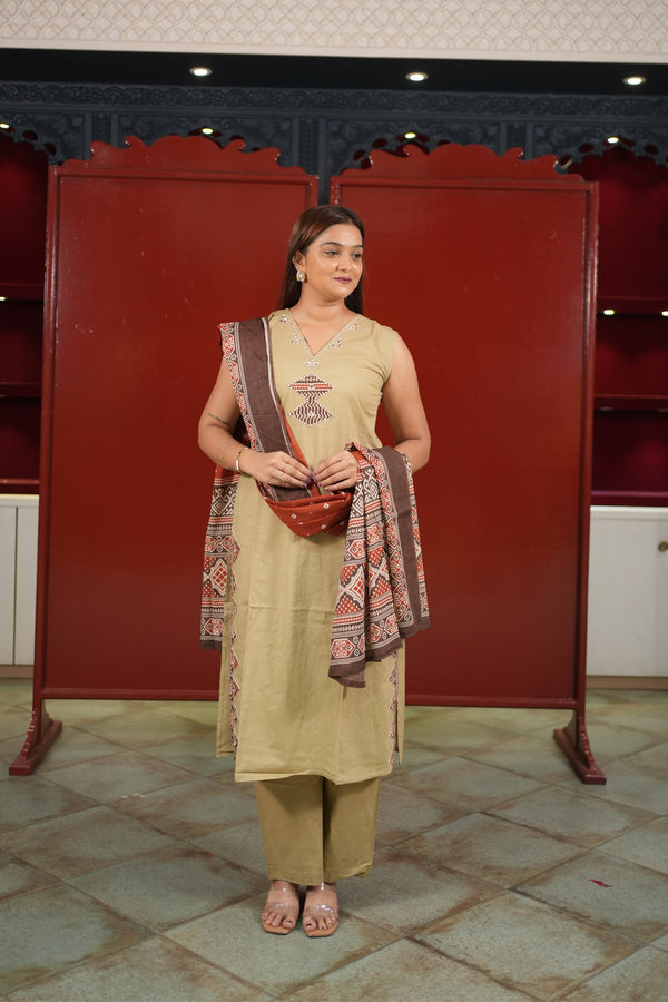 Beige Patchwork Kurti Set