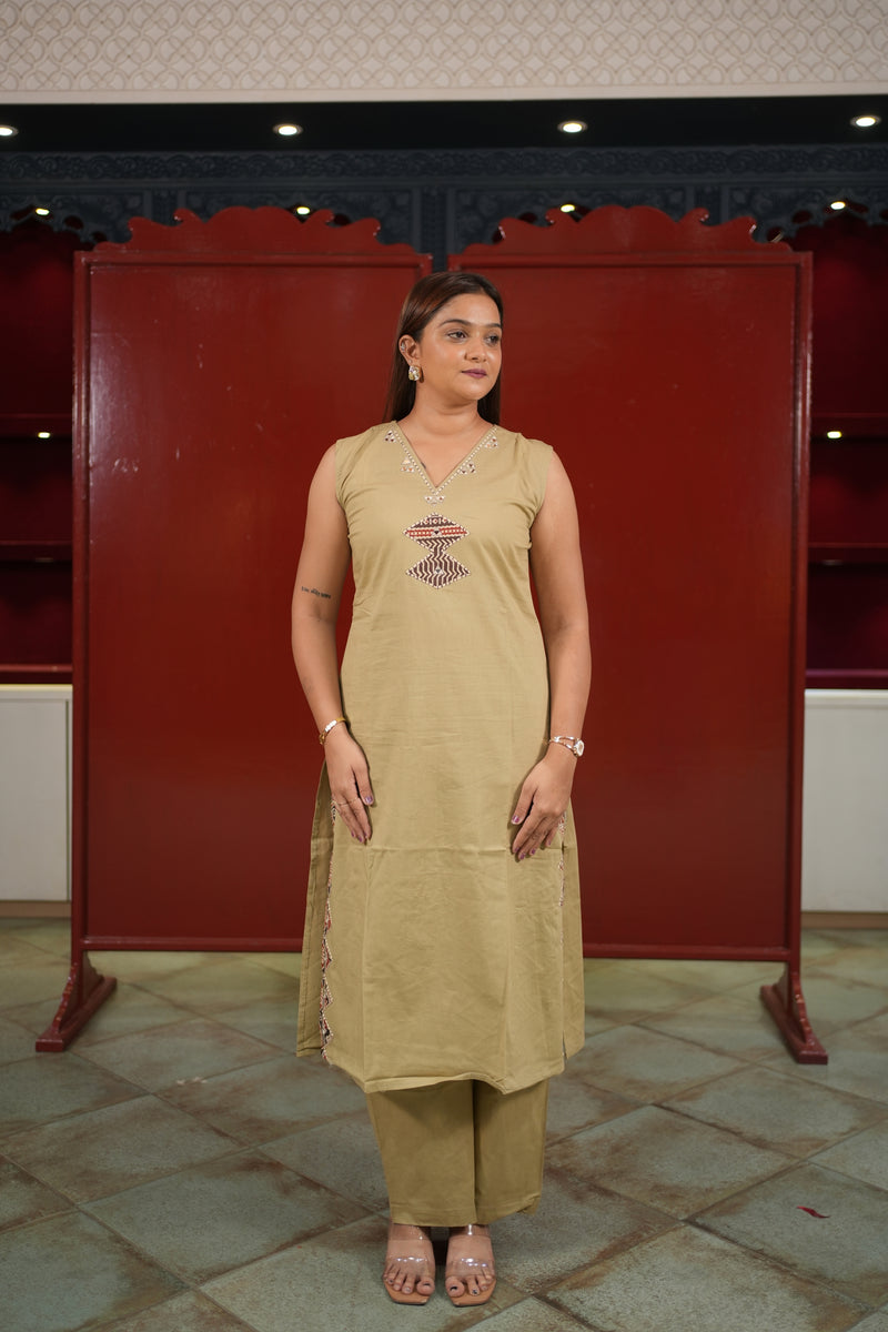 Beige Patchwork Kurti Set