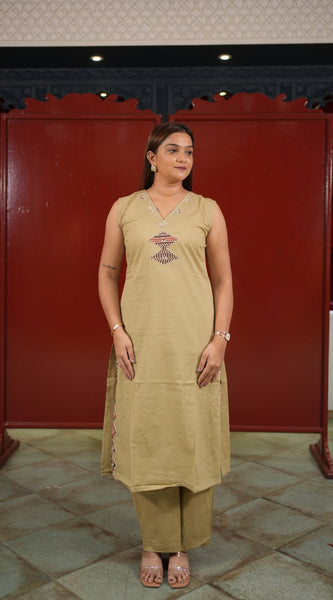 Beige Patchwork Kurti Set