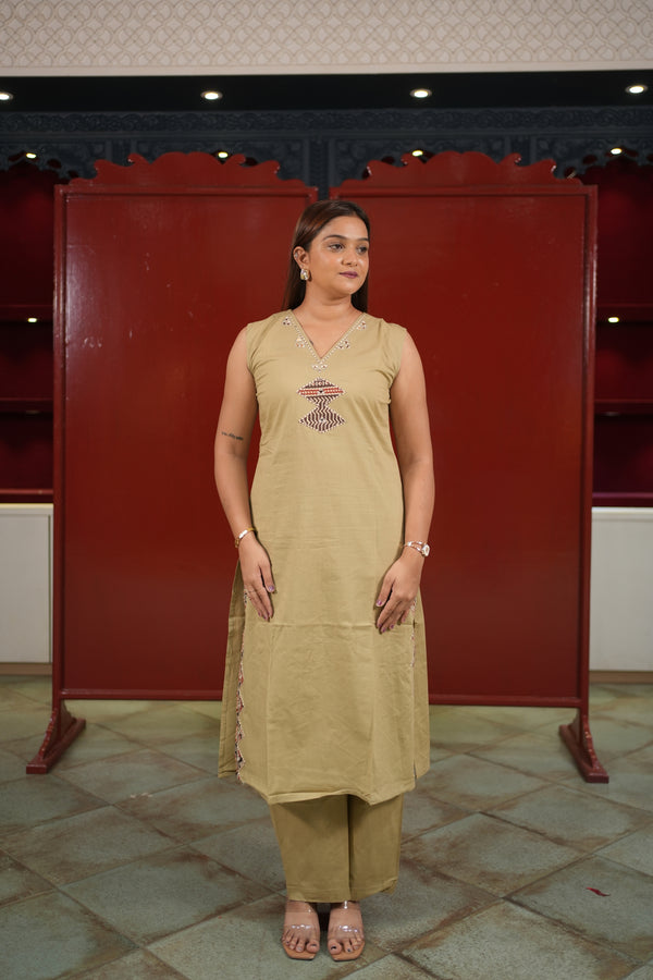 Beige Patchwork Kurti Set