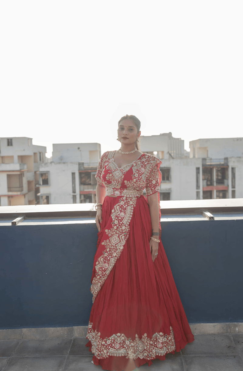 Raktima Red Draped Lehenga Set