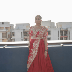 Raktima Red Draped Lehenga Set