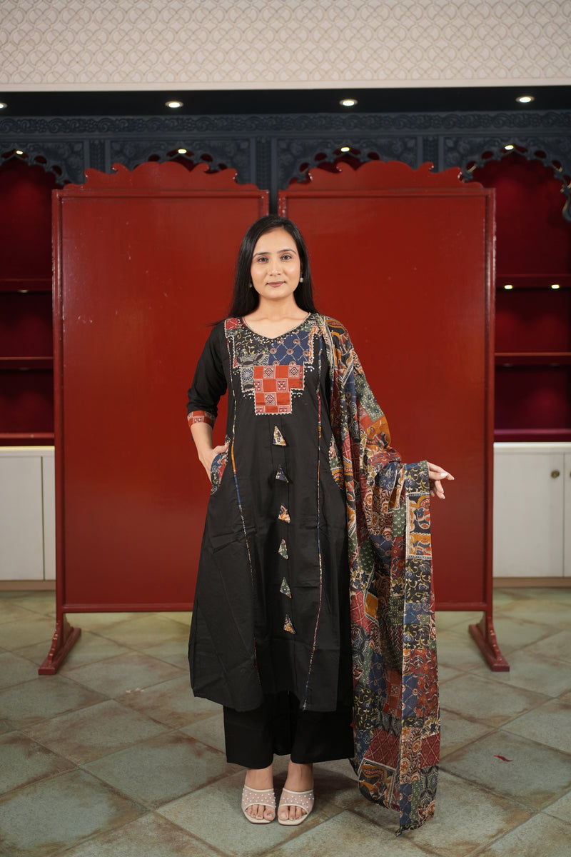 Black Patchwork Kurti Set