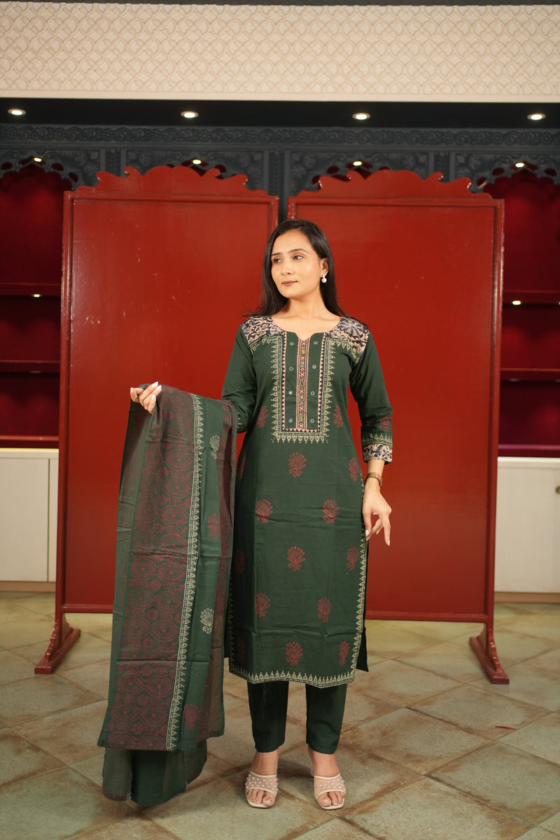 Bottle Green Printed Kurti Set