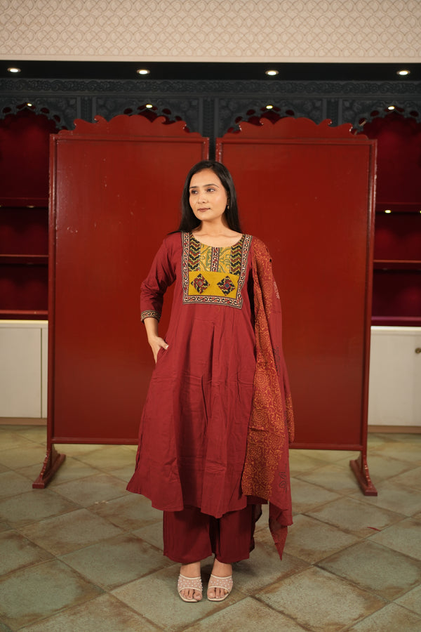 Maroon Patchwork Kurti Set
