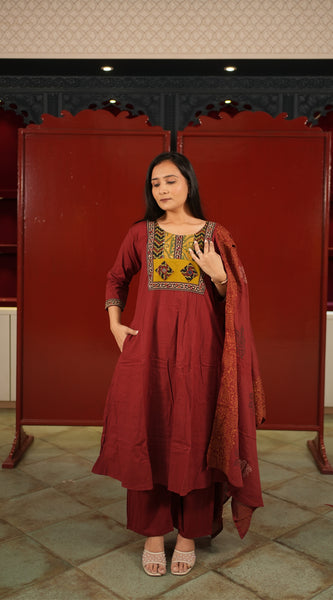 Maroon Patchwork Kurti Set